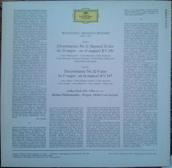 Wolfgang Amadeus Mozart • Herbert von Karajan, Berliner Philharmoniker : Divertimenti KV 251 • KV 247 (LP)