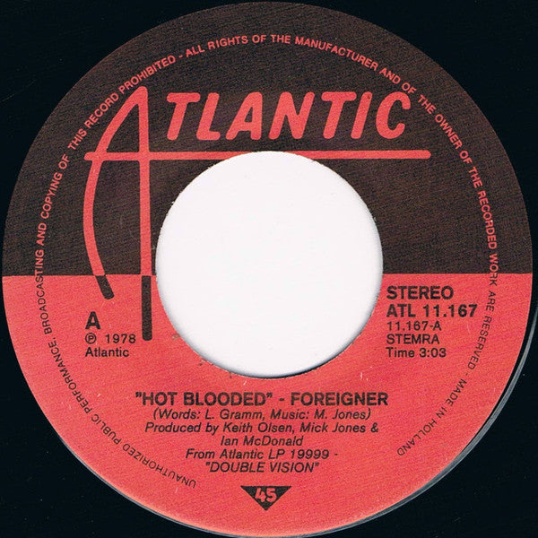 Foreigner : Hot Blooded (7", Single)