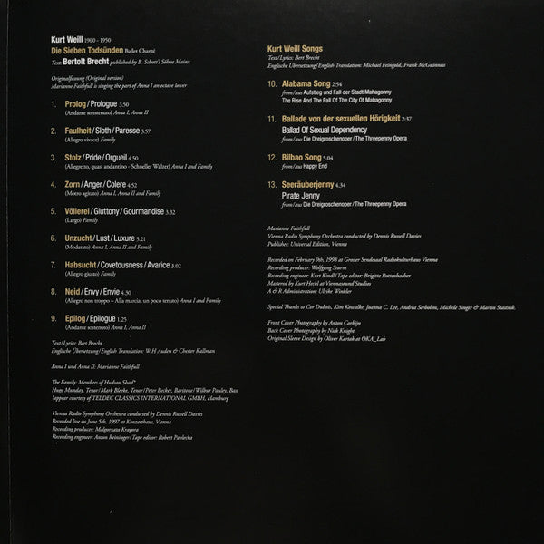 ORF Radio-Symphonieorchester Wien Conducted By Dennis Russell Davies, Marianne Faithfull, Kurt Weill : The Seven Deadly Sins = Die Sieben Todsünden = Les Sept Peches Capitaux (2xLP, RE)