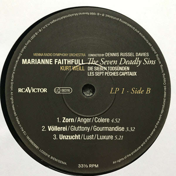 ORF Radio-Symphonieorchester Wien Conducted By Dennis Russell Davies, Marianne Faithfull, Kurt Weill : The Seven Deadly Sins = Die Sieben Todsünden = Les Sept Peches Capitaux (2xLP, RE)