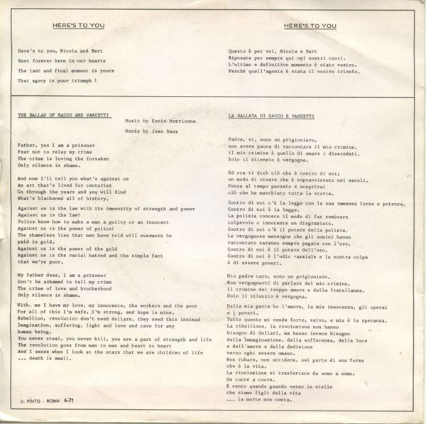 Joan Baez - Ennio Morricone : Here's To You / La Ballata Di Sacco E Vanzetti (7")