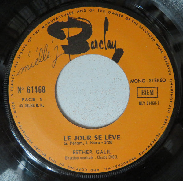 Esther Galil : Le Jour Se Lève / Je T'aime A Mort (7", Single, RP)