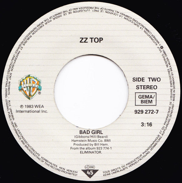 ZZ Top : Legs (7", Single, RE)