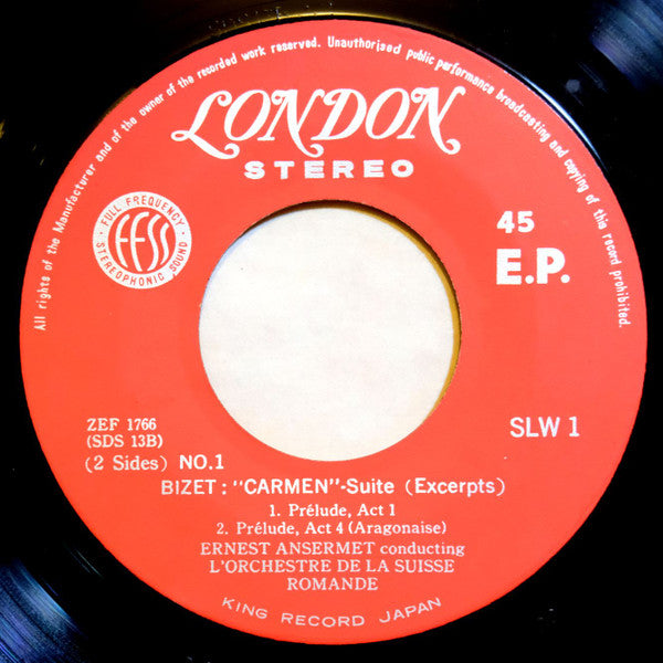 Ernest Ansermet = Ernest Ansermet, L'Orchestre De La Suisse Romande = L'Orchestre De La Suisse Romande : Bizet "Carmen" Excerpts =  ビゼー「カルメン」 組曲 (抜粋) (7", EP)