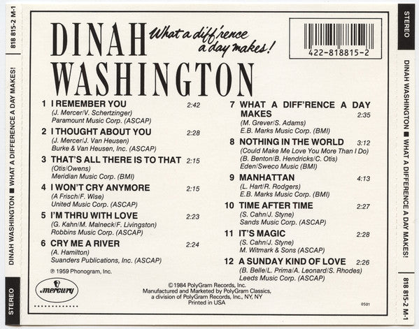Dinah Washington : What A Diff'rence A Day Makes! (CD, Album, RE)