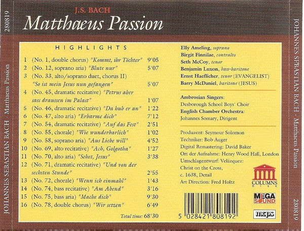 Johann Sebastian Bach, Johannes Somary, English Chamber Orchestra : Matthaeus Passion - Highlights (CD, Album)