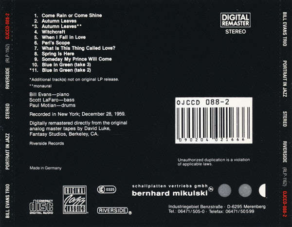 The Bill Evans Trio : Portrait In Jazz (CD, Album, RE, RM, RP)