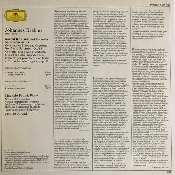 Brahms*, Maurizio Pollini · Claudio Abbado - Wiener Philharmoniker · Vienna Philharmonic* : Klavierkonzert = Piano Concerto No.2 (LP)