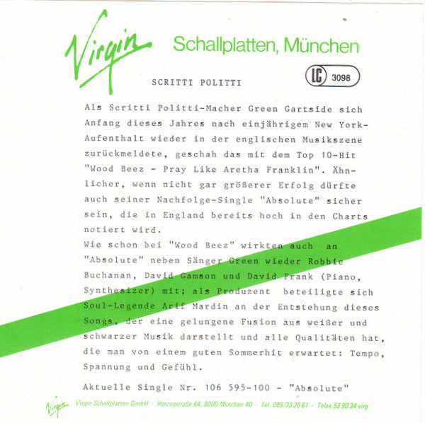 Scritti Politti : Absolute (7", Single)