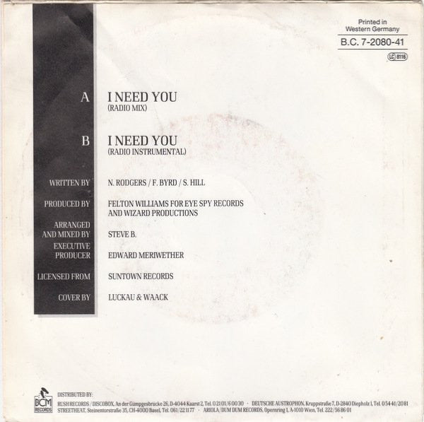 B·V·S·M·P* : I Need You (7", Single, Big)