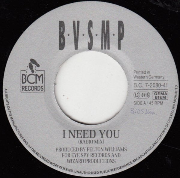 B·V·S·M·P* : I Need You (7", Single, Big)