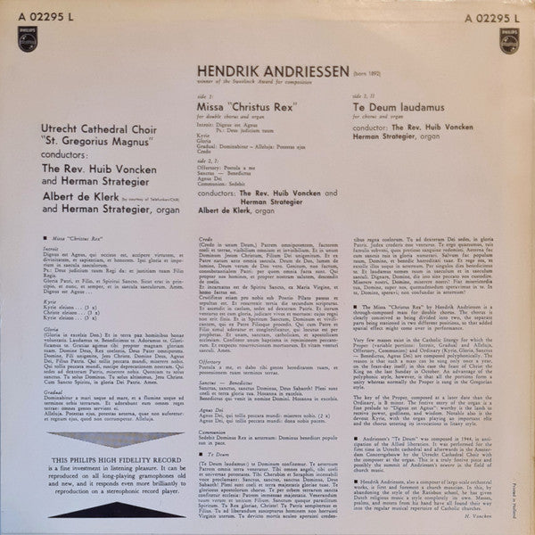 Utrecht Cathedral Choir "St. Gregorius Magnus", The Rev. Huib Voncken, Herman Strategier, Albert De Klerk, Hendrik Andriessen : Missa "Christus Rex" • Te Deum laudamus (LP, Album, Mono)