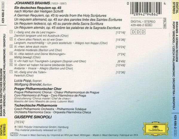 Johannes Brahms / Lucia Popp, Wolfgang Brendel, Prague Philharmonic Chorus, The Czech Philharmonic Orchestra, Giuseppe Sinopoli : Ein Deutsches Requiem (CD, Album, RE)