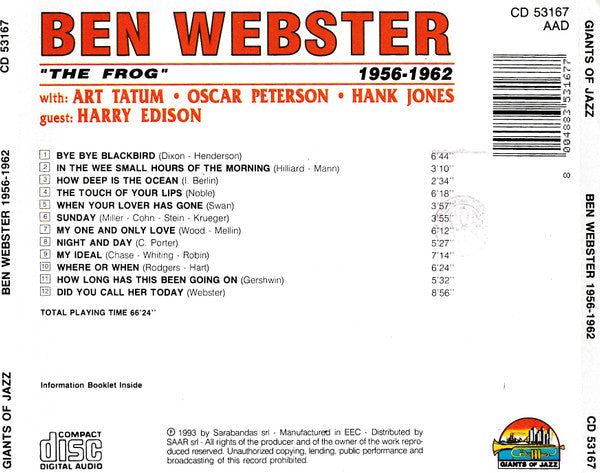 Ben Webster With: Art Tatum, Oscar Peterson, Hank Jones - Guest: Harry Edison : "The Frog" - 1956 - 1962 (CD, Comp)