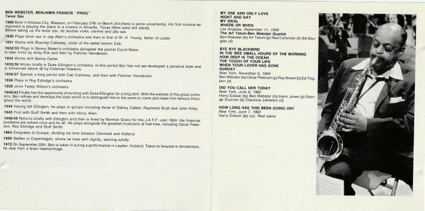 Ben Webster With: Art Tatum, Oscar Peterson, Hank Jones - Guest: Harry Edison : "The Frog" - 1956 - 1962 (CD, Comp)