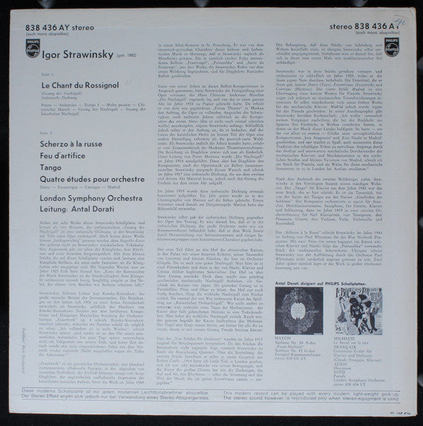 Strawinsky*, London Symphony Orchestra, Antal Dorati : Le Chant Du Rossignol/ Scherzo A La Russe/ Feu D'arifice/ Tango/ 4 Études Pour Orchestre (LP)
