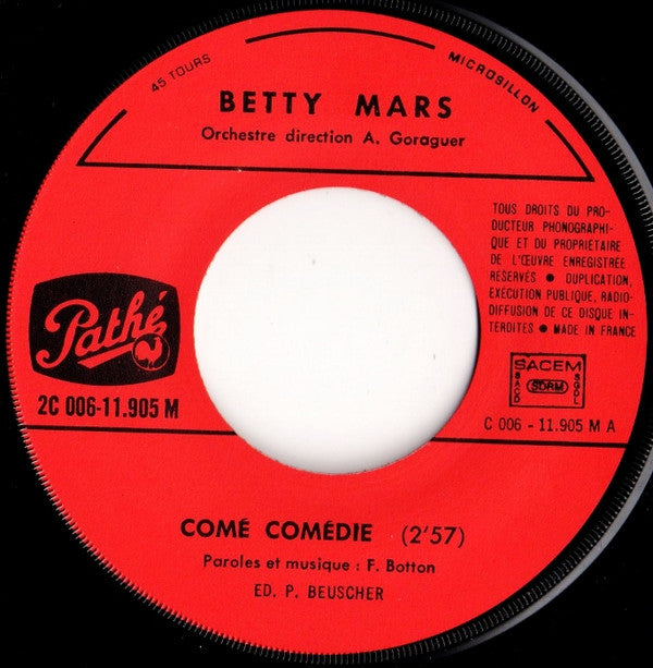 Betty Mars : Comé Comédie (Eurovision France) (7", Single)