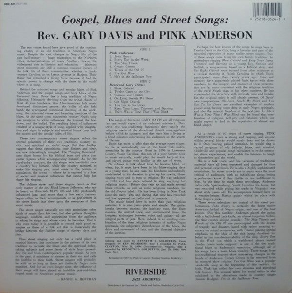 Rev. Gary Davis And Pink Anderson : Gospel, Blues And Street Songs (LP, Album, RE, RM)
