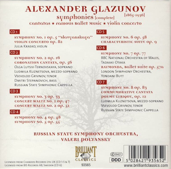 Alexander Glazunov / The Russian State Symphony Cappella, Valery Polyansky : Symphonies (Complete) • Cantatas • Famous Ballet Music • Violin Concerto (7xCD, RE + Box, Comp)