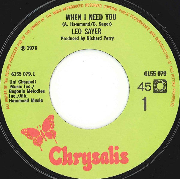 Leo Sayer : When I Need You (7", Single)