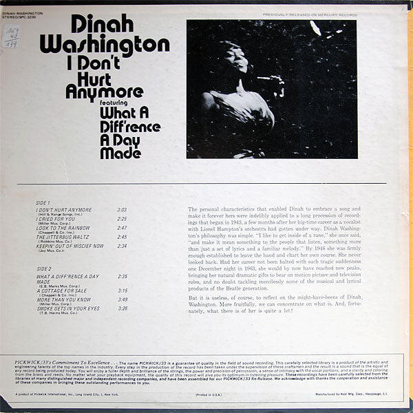 Dinah Washington : I Don't Hurt Anymore (LP, Comp, RE)