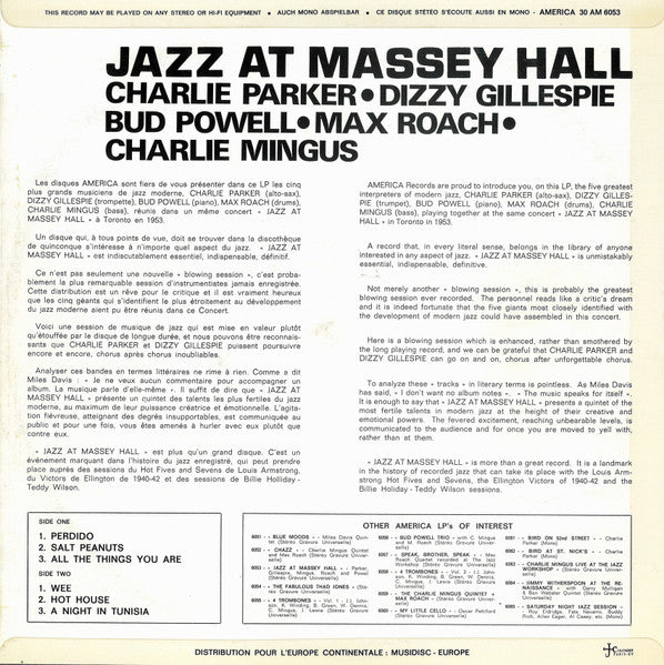 Charlie Parker • Dizzy Gillespie • Bud Powell • Max Roach • Charles Mingus : Jazz At Massey Hall (LP, Album, RE)