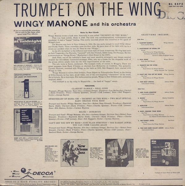 Wingy Manone & His Orchestra : Trumpet On The Wing (LP, Mono)