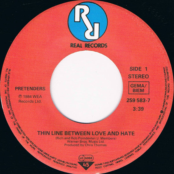 The Pretenders : Thin Line Between Love And Hate (7", Single)
