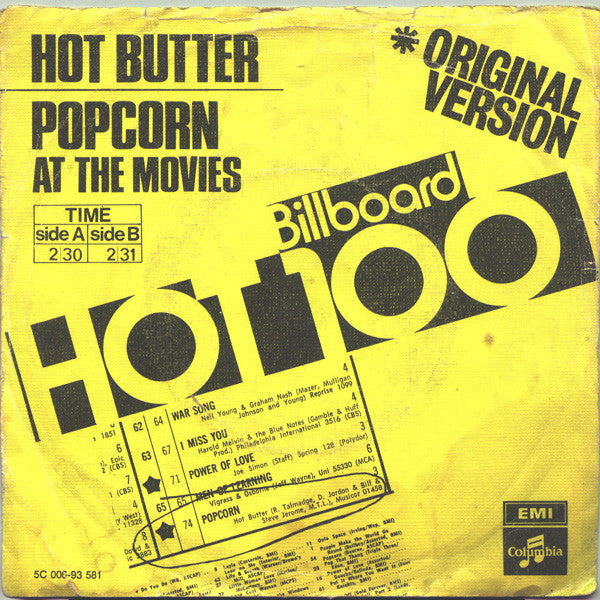 Hot Butter : Popcorn (7", Single, Yel)