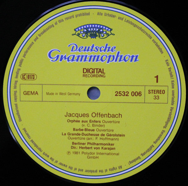 Jacques Offenbach, Berliner Philharmoniker • Herbert Von Karajan : Ouvertüren = Overtures (LP)