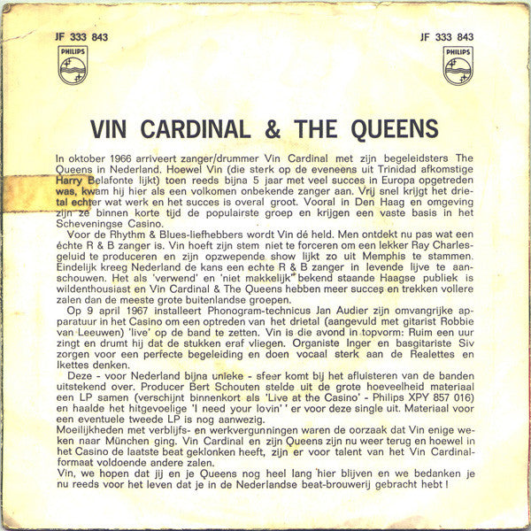 Vin Cardinal & The Queens : I Need Your Lovin' / I'm Gonna Cry (7", Single, Mono)