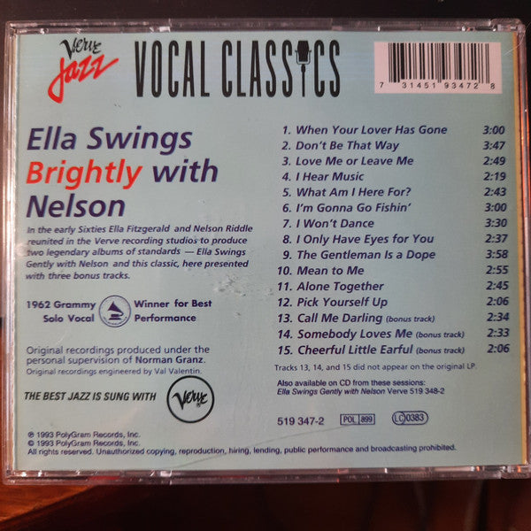 Ella Fitzgerald - Nelson Riddle : Ella Swings Brightly With Nelson (CD, Album, RE)