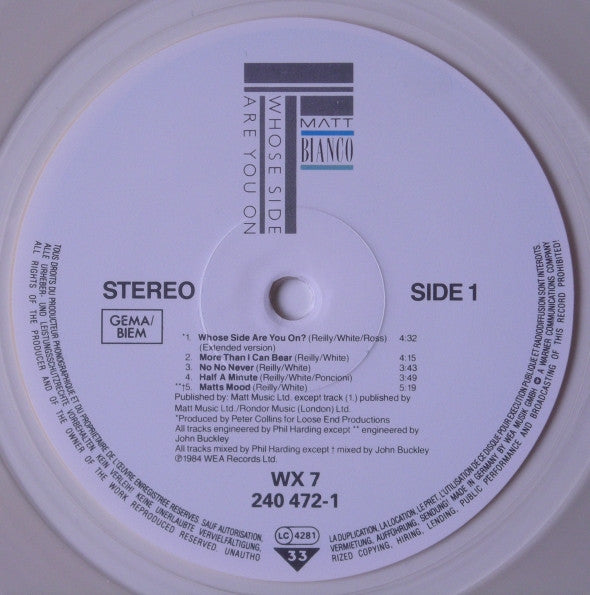 Matt Bianco : Whose Side Are You On (LP, Album, Cle + 7", Single + Ltd)