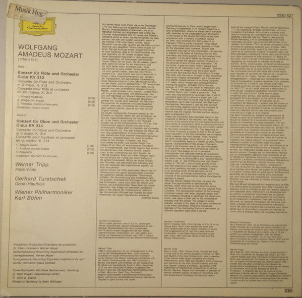 Wolfgang Amadeus Mozart - Karl Böhm / Wiener Philharmoniker / Gerhard Turetschek / Werner Tripp : Flötenkonzert (Flute Concerto) Nr. 1 / Oboenkonzert (Oboe Concert) (LP, Album)