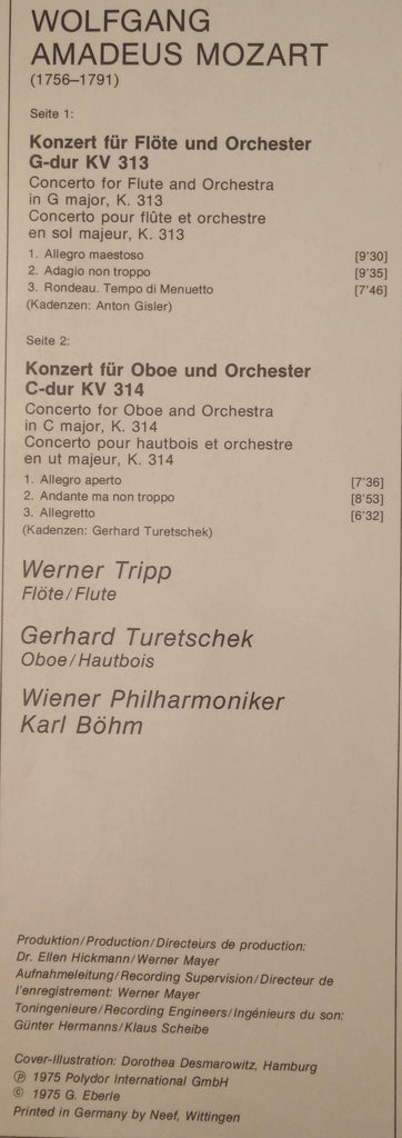 Wolfgang Amadeus Mozart - Karl Böhm / Wiener Philharmoniker / Gerhard Turetschek / Werner Tripp : Flötenkonzert (Flute Concerto) Nr. 1 / Oboenkonzert (Oboe Concert) (LP, Album)