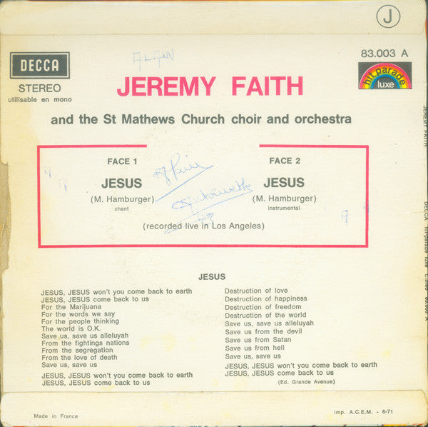 Jeremy Faith And The Saint Mathews Church Choir And Orchestra : Jesus (7", Single)