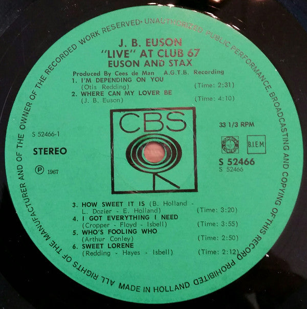 Euson And Stax (10) : J.B. Euson Live At Club 67 (LP, Album)