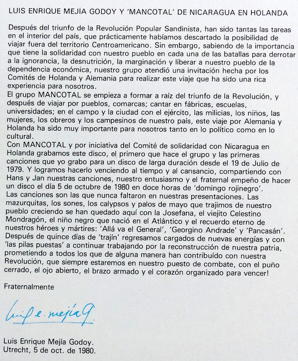 Luis Enrique Mejía Godoy Y Mancotal : En Holanda (LP, Album, Gat)