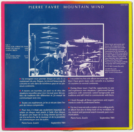 Pierre Favre : Mountain Wind (LP, Album)