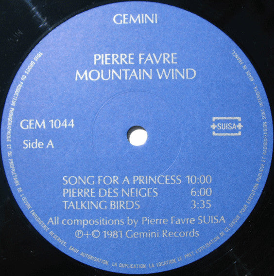 Pierre Favre : Mountain Wind (LP, Album)