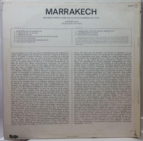 Various Enregistrée Par François Jouffa : Marrakech - Musique Populaire De La Place Djemaa El Fna (LP)