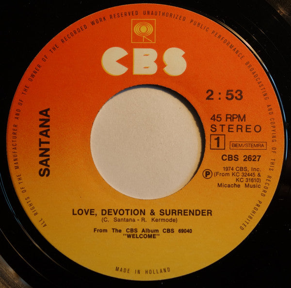 Santana : Love, Devotion & Surrender / Song Of The Wind (7", Single)