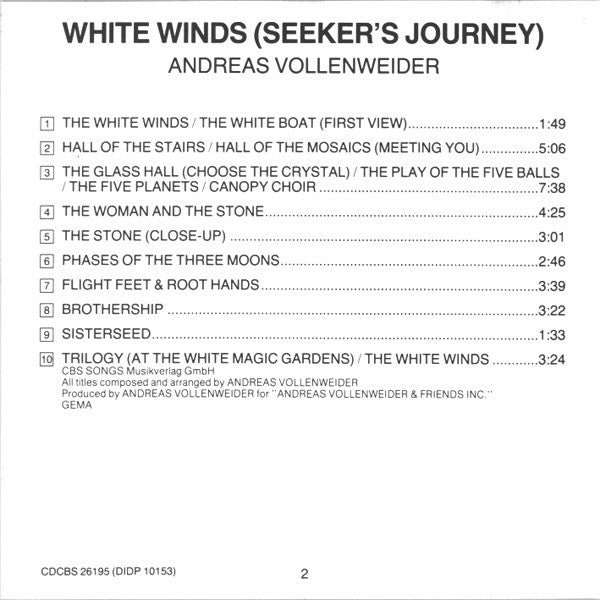 Andreas Vollenweider : White Winds (Seekers Journey) (CD, Album, RE)