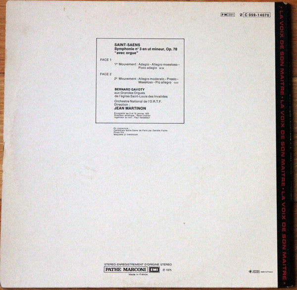 Saint-Saëns* - Bernard Gavoty, Orchestre National de L'O.R.T.F.*, Jean Martinon : Symphonie N° 3 "Avec Orgue" (LP, RE)