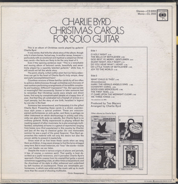 Charlie Byrd : Christmas Carols For Solo Guitar (LP, Album, Mono, Promo)
