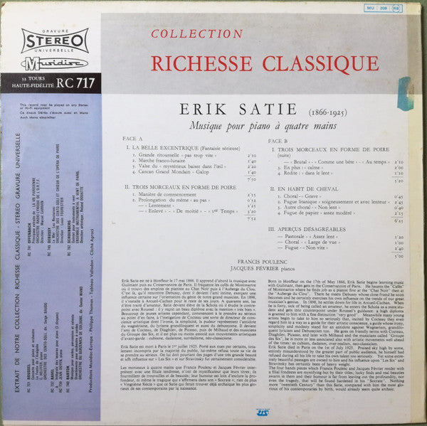 Erik Satie – Francis Poulenc, Jacques Février : Musique Pour Piano à Quatre Mains (LP, RE, Blu)