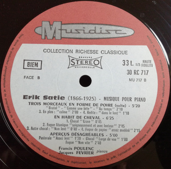 Erik Satie – Francis Poulenc, Jacques Février : Musique Pour Piano à Quatre Mains (LP, RE, Blu)
