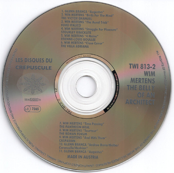 Wim Mertens : The Belly Of An Architect (CD, Album, RE, RP)