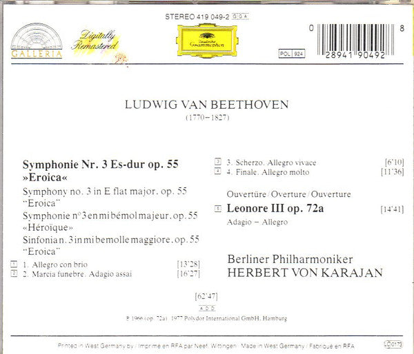 Ludwig van Beethoven – Berliner Philharmoniker, Herbert von Karajan : Symphonie Nr. 3 “Eroica” / Ouverture “Leonore III” (CD, Comp, RM)