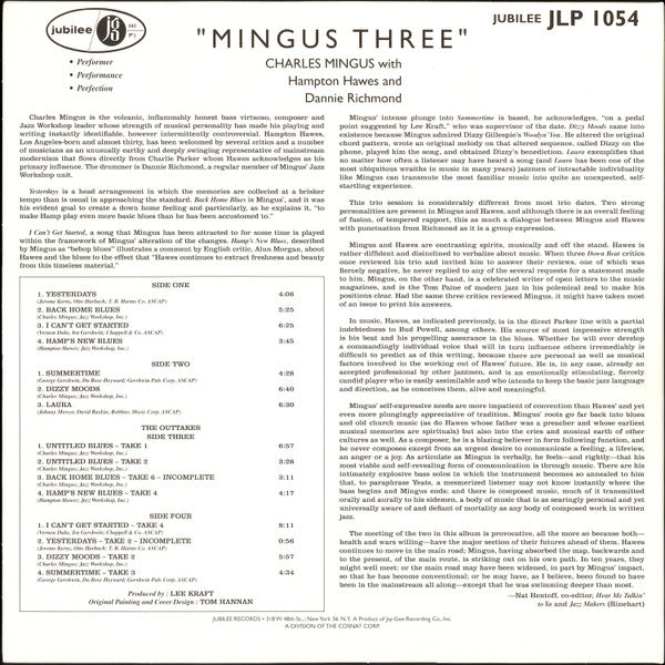 Charles Mingus With Hampton Hawes And Dannie Richmond : Mingus Three (LP, Album, Mono, RE, 180 + LP, Mono, 180 + Dlx, RM)